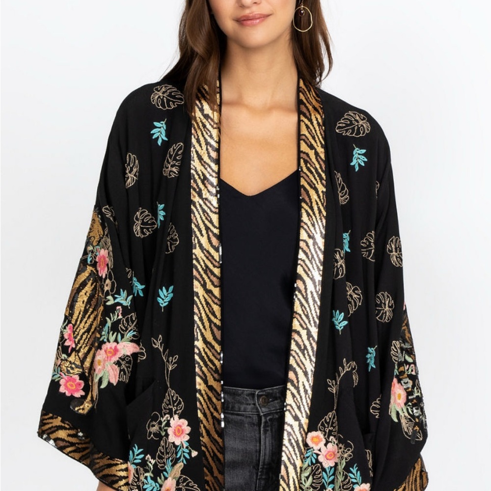 Johnny Was Black Floral Embroidered Cape NWOT